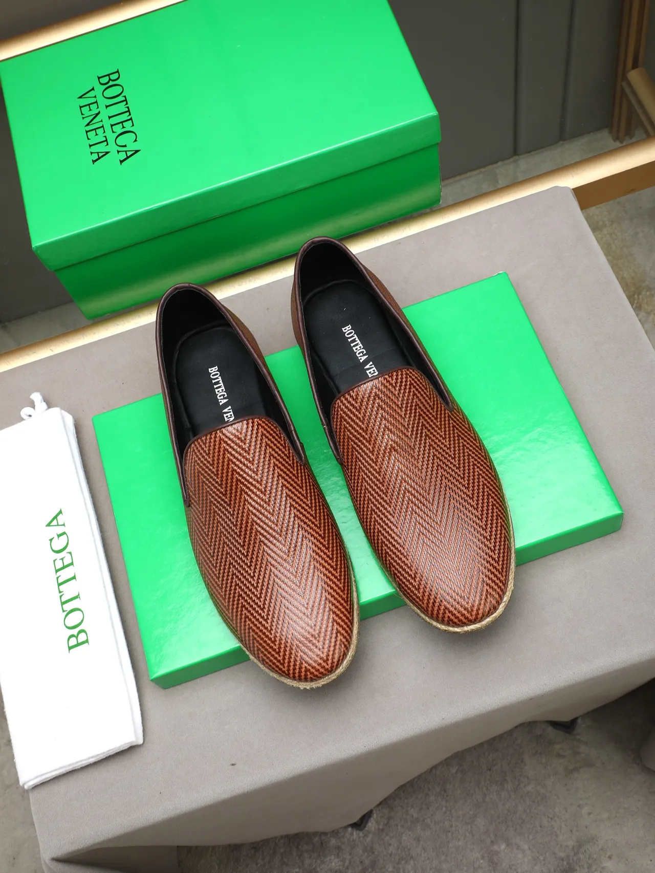 Brown Beige Herringbone-Woven Leather Espadrille Sole Loafer 2