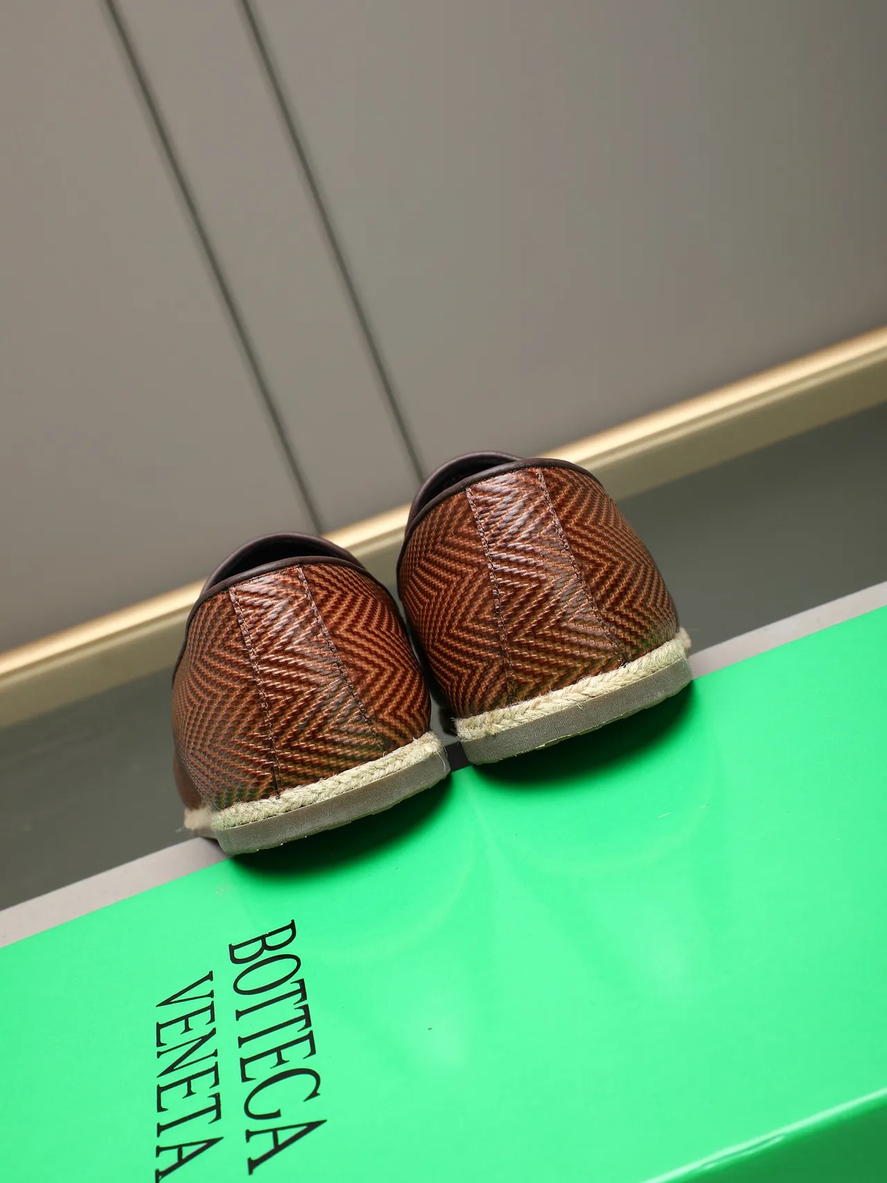 Brown Beige Herringbone-Woven Leather Espadrille Sole Loafer 3