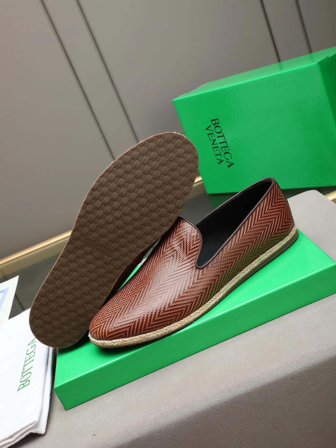 Brown Beige Herringbone-Woven Leather Espadrille Sole Loafer 4