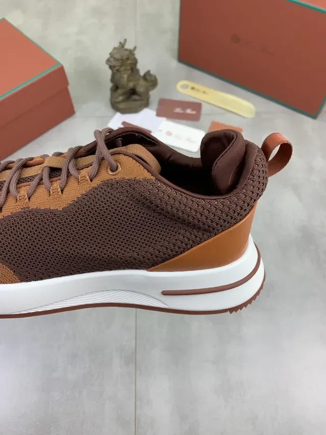 Brown Beige Knit Two-Tone Upper Contrasting Tan Lace Panel Sneakers 4