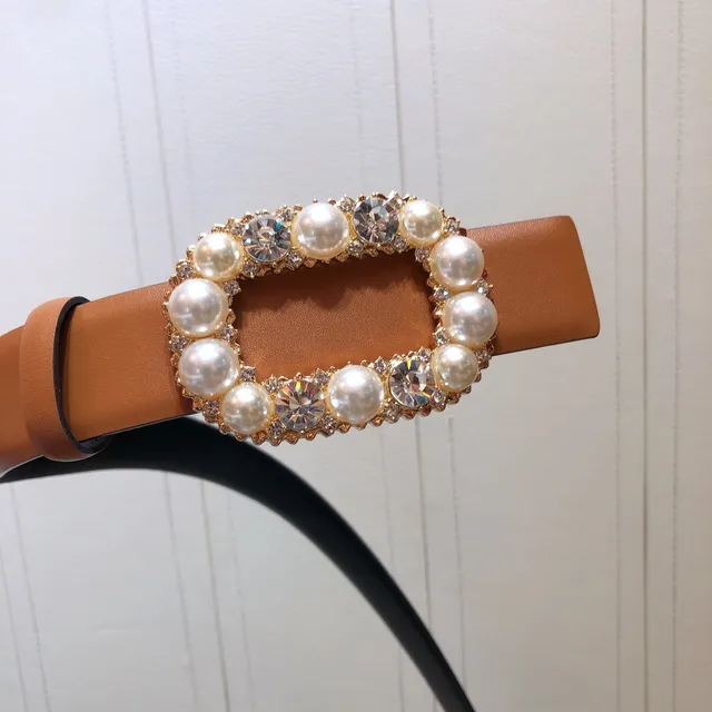 Ceinture en cuir marron avec boucle en or ornée de perles et de cristaux en métal 4