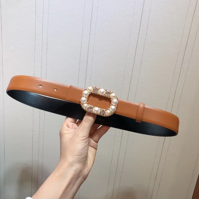 Ceinture en cuir marron avec boucle en or ornée de perles et de cristaux en métal 6