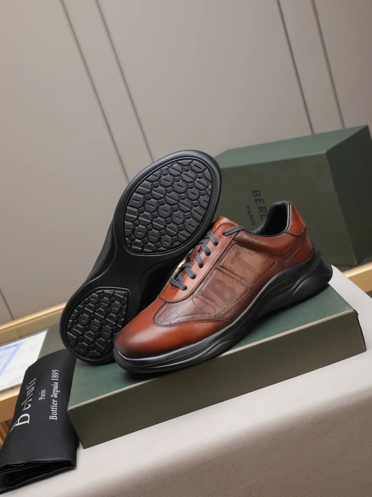 Brown Leather Embossed Script Low-Top Lifestyle Sneaker 4