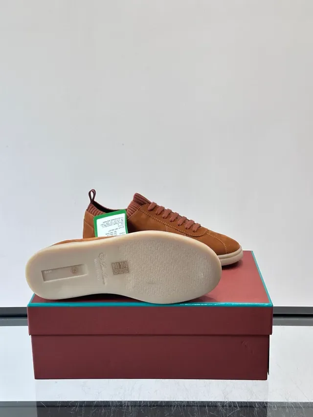Brown Suede Knit-Collar Low-Top Sneakers 2