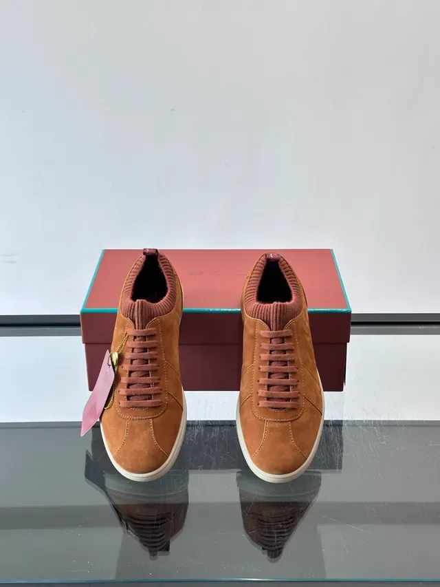 Brown Suede Knit-Collar Low-Top Sneakers 4