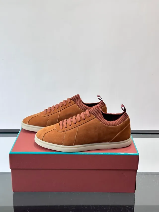 Brown Suede Knit-Collar Low-Top Sneakers 5