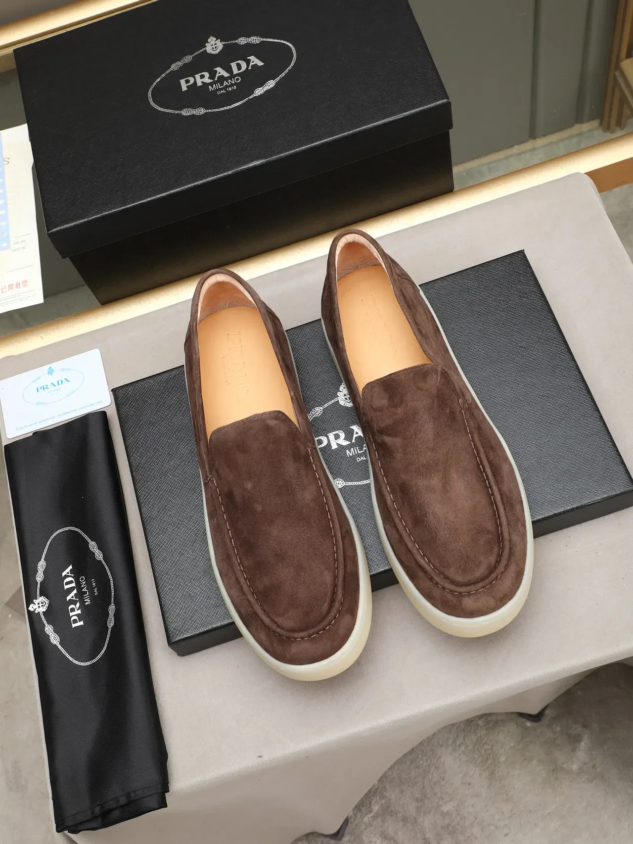 Brown Suede Moccasin-Stitched Slip-On Loafers 2