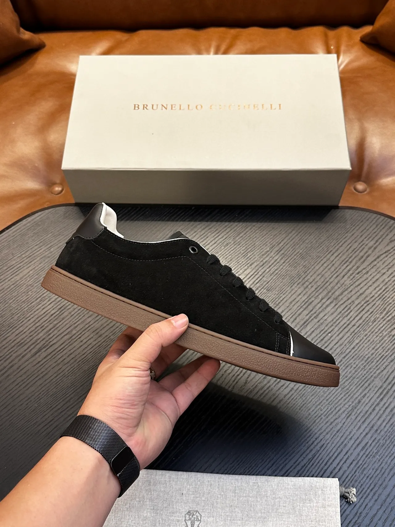 Brunello Cucinelli Black White Suede And Leather Upper Contrast Piping Loafer 2
