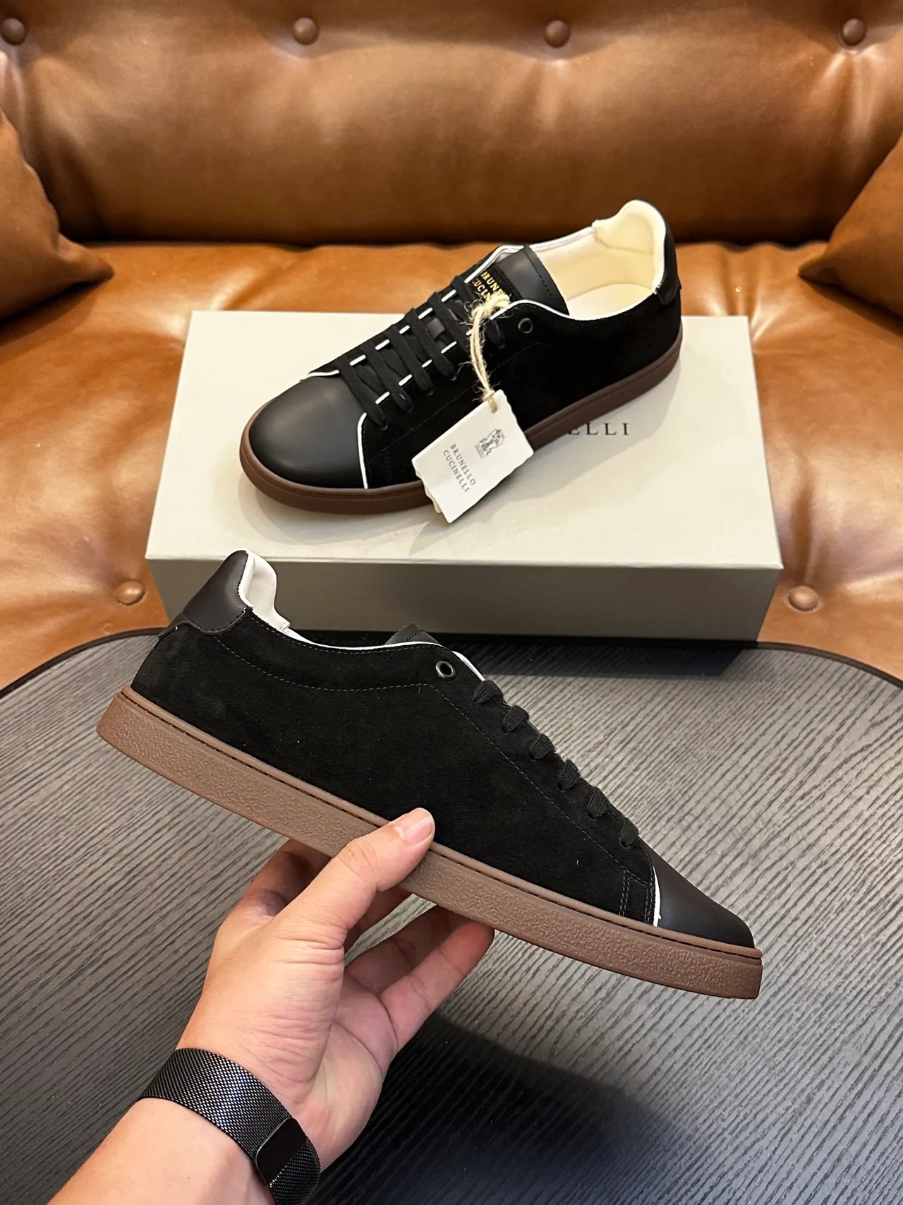 Brunello Cucinelli Black White Suede And Leather Upper Contrast Piping Loafer 5