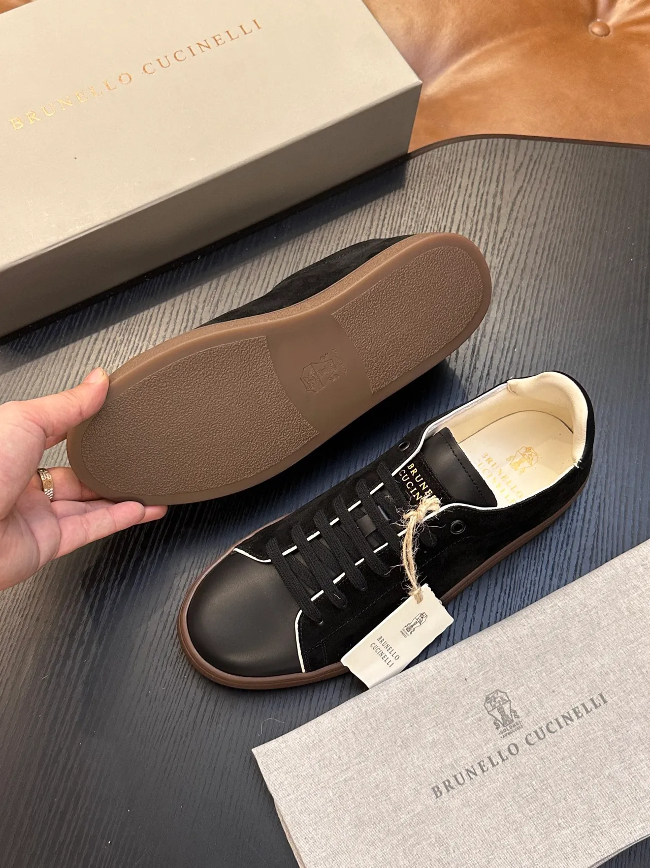 Brunello Cucinelli Black White Suede And Leather Upper Contrast Piping Loafer 9