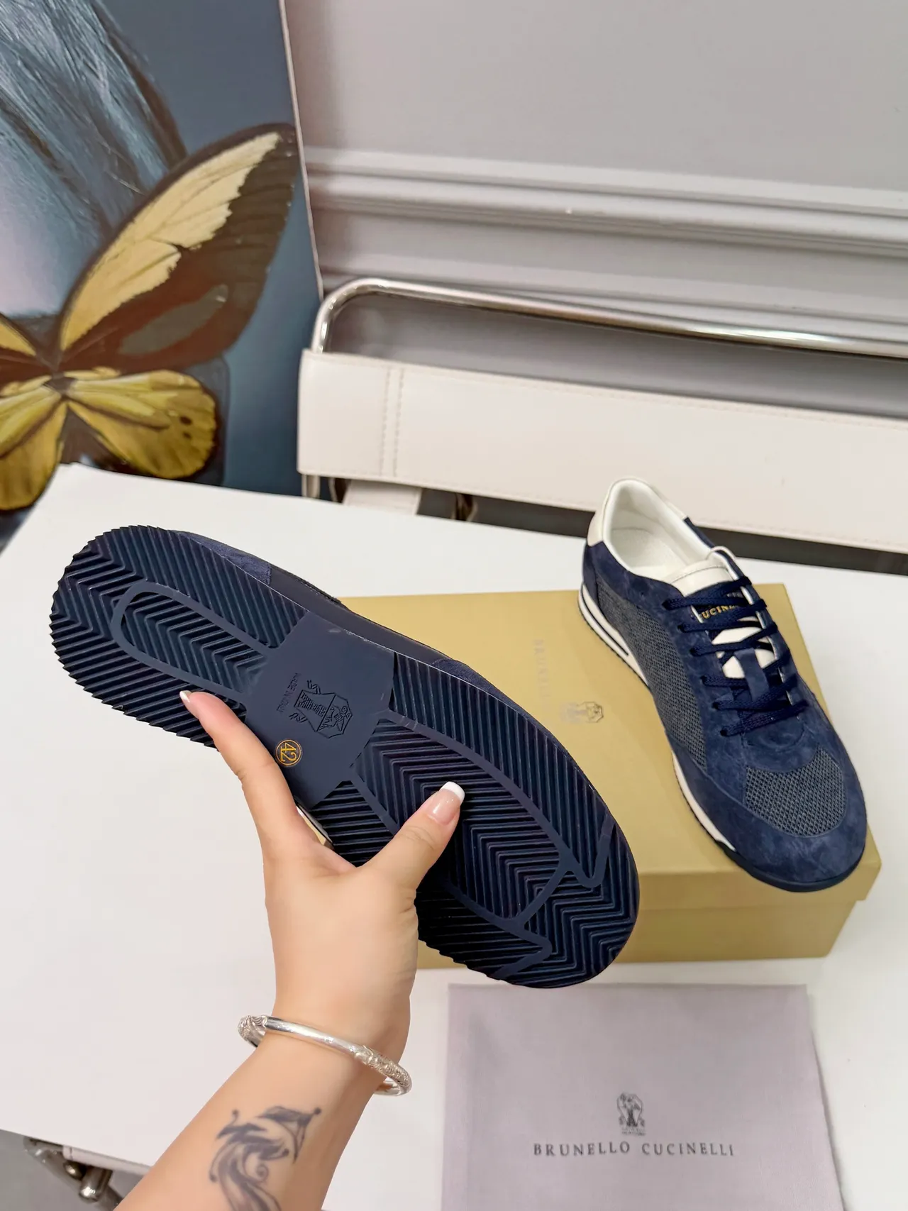 Brunello Cucinelli Navy Suede and Mesh Lifestyle Sneakers 4