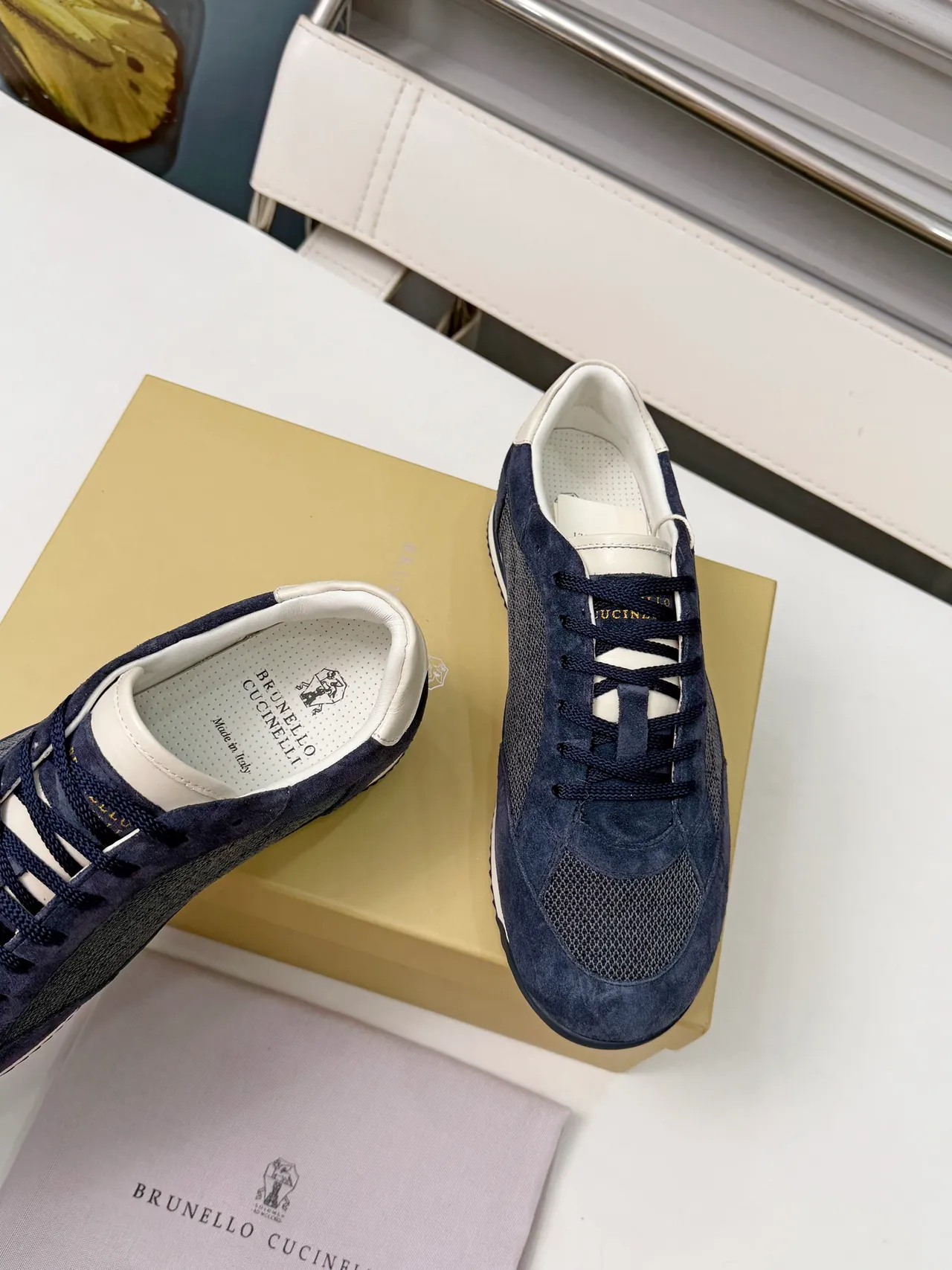 Brunello Cucinelli Navy Suede and Mesh Lifestyle Sneakers 5