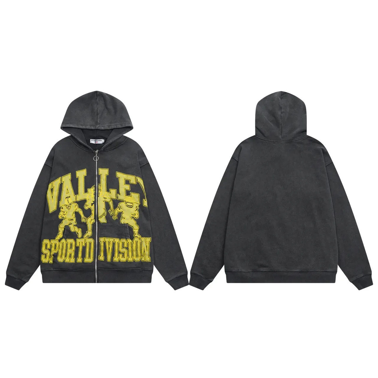 Charcoal Gray and Heather Gray Embroidered Graphic Full-Zip Oversized Hoodie 2
