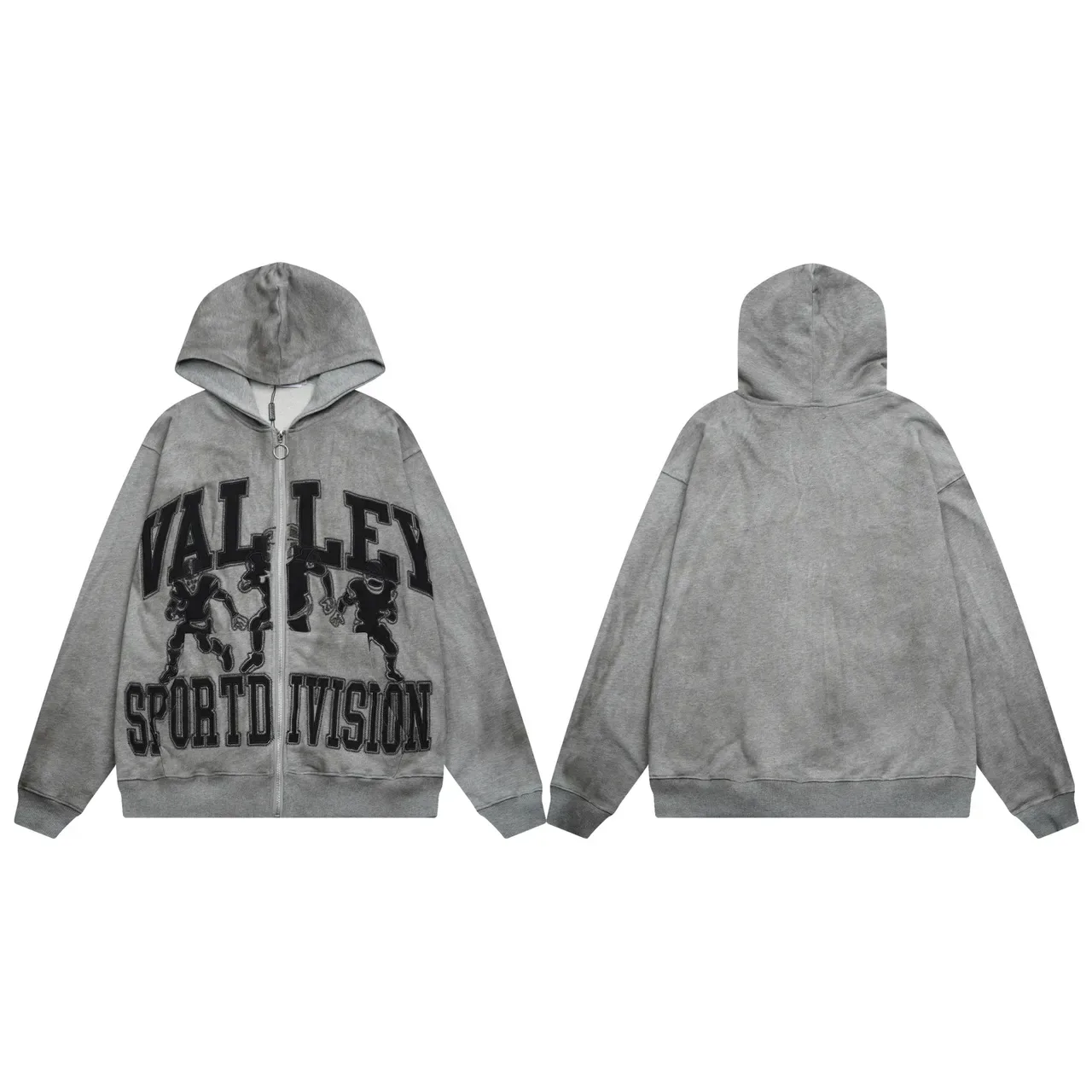Charcoal Gray and Heather Gray Embroidered Graphic Full-Zip Oversized Hoodie 3