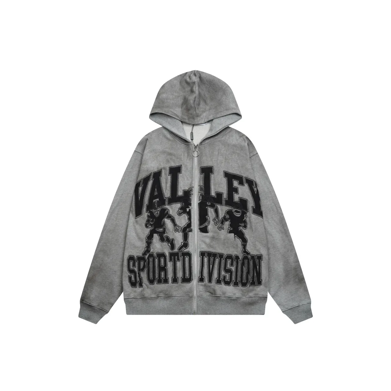 Charcoal Gray and Heather Gray Embroidered Graphic Full-Zip Oversized Hoodie 4