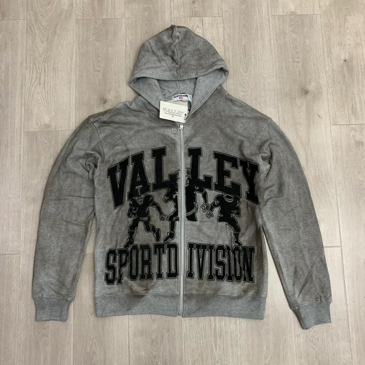 Charcoal Gray and Heather Gray Embroidered Graphic Full-Zip Oversized Hoodie 11