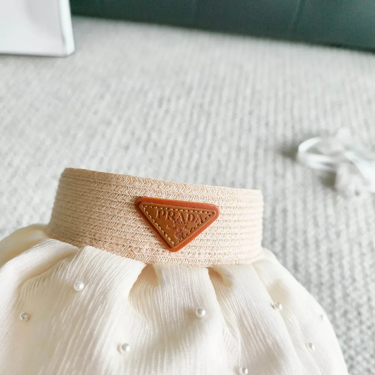 Cream Pleated Pearl-Embellished Visor Bucket Hat 3