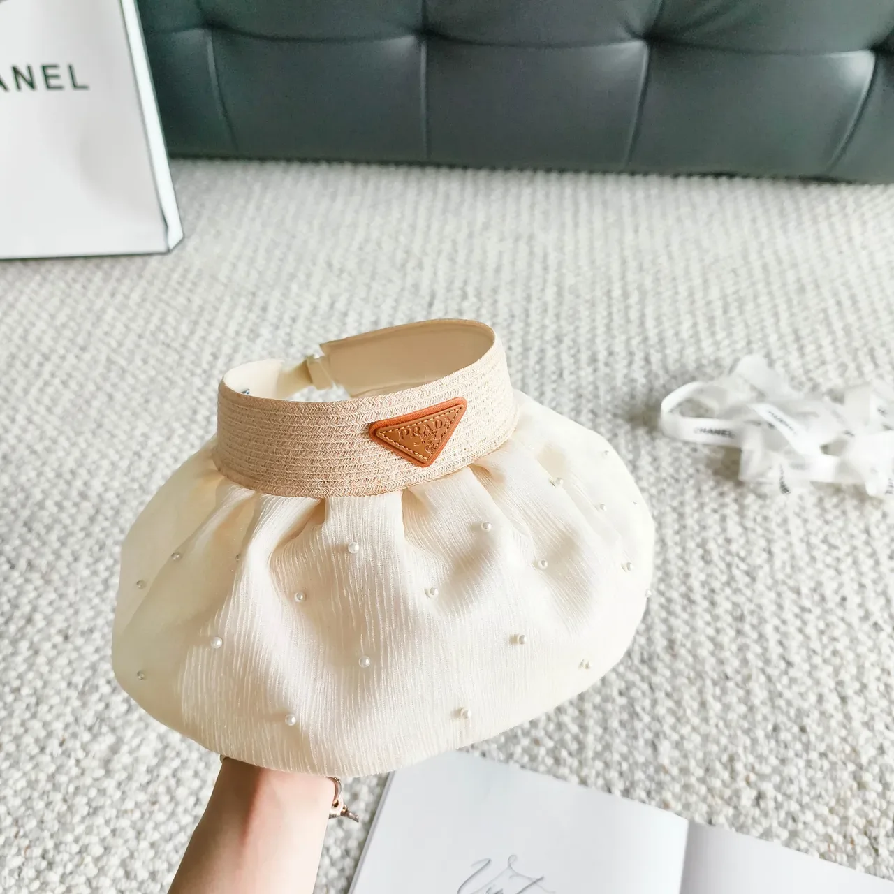 Cream Pleated Pearl-Embellished Visor Bucket Hat 4