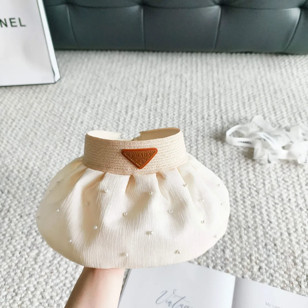 Cream Pleated Pearl-Embellished Visor Bucket Hat 5