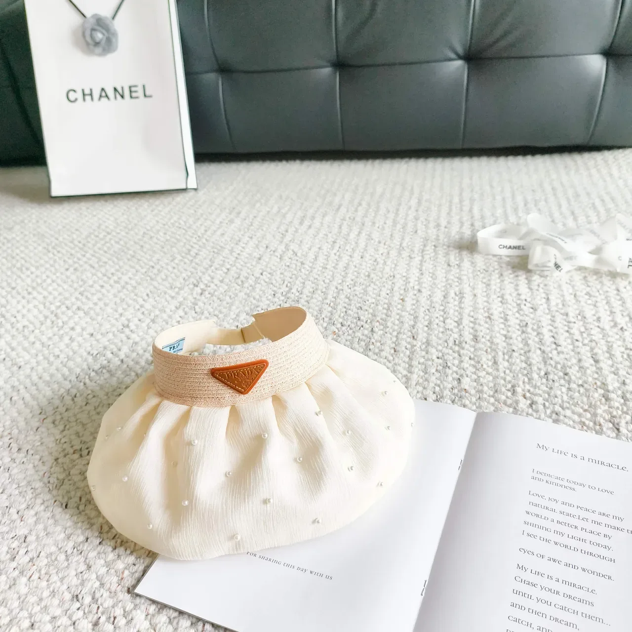 Cream Pleated Pearl-Embellished Visor Bucket Hat 6