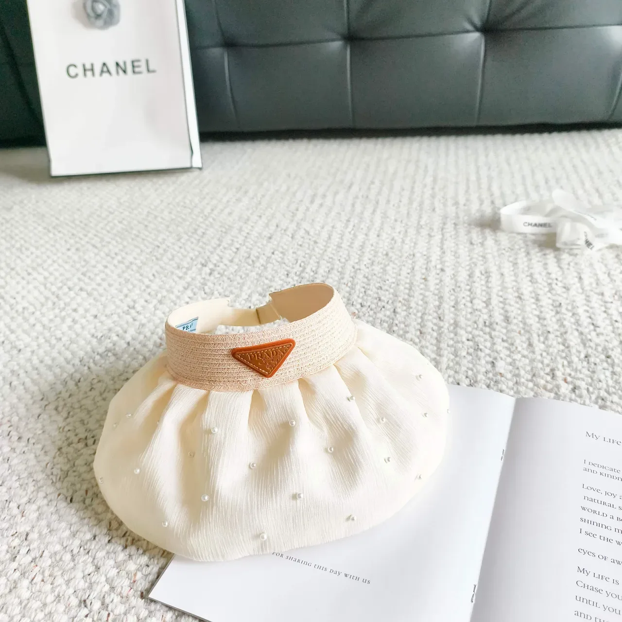 Cream Pleated Pearl-Embellished Visor Bucket Hat 7