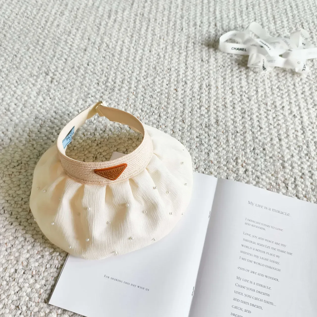 Cream Pleated Pearl-Embellished Visor Bucket Hat 8