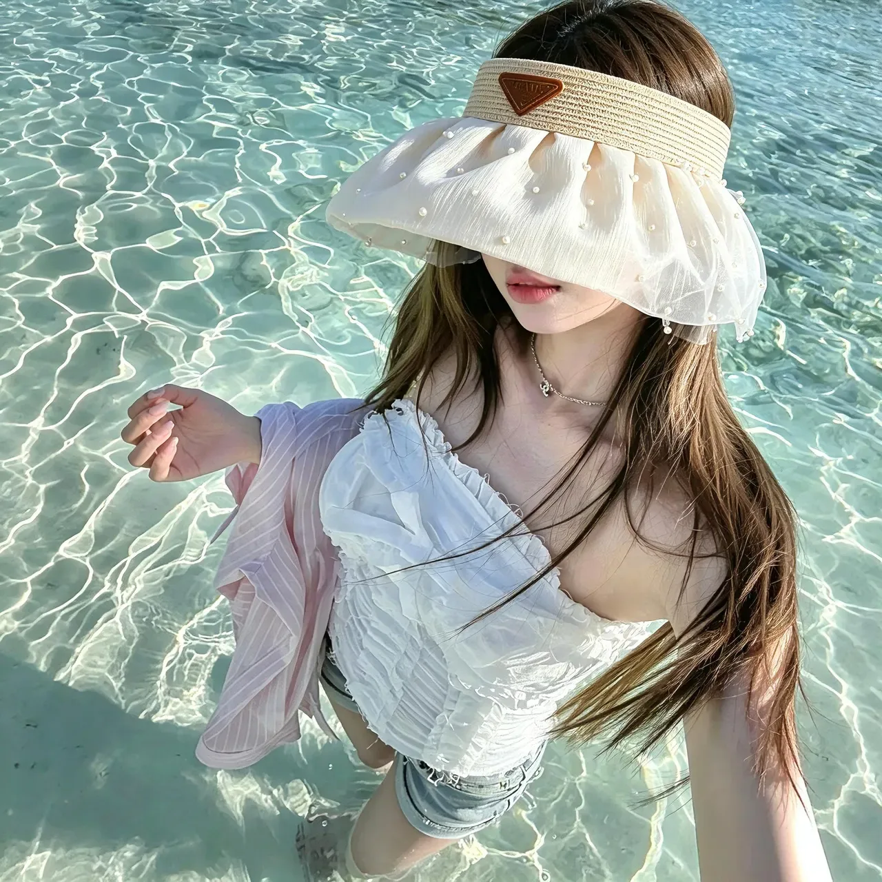 Cream Pleated Pearl-Embellished Visor Bucket Hat 9