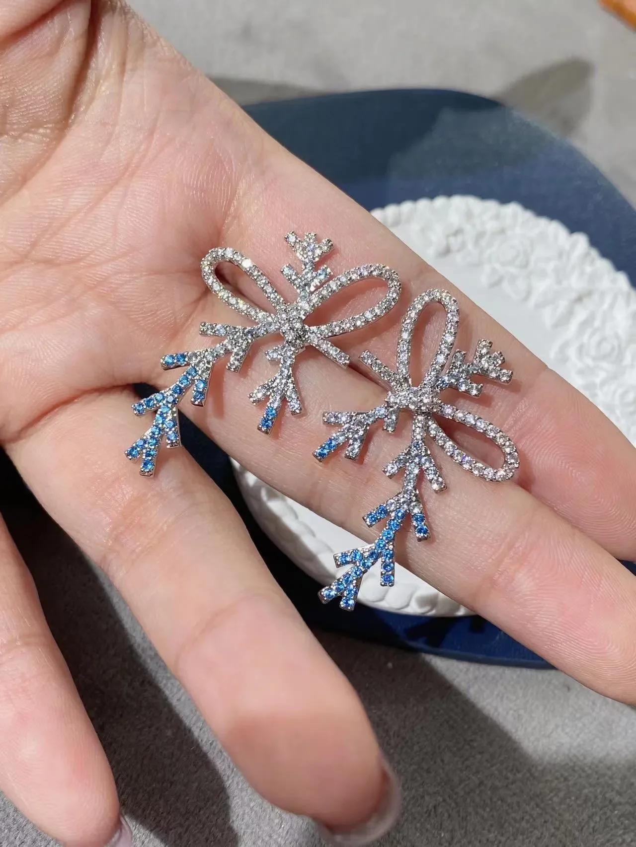 Crystal-Encrusted Bow and Branch Motif Drop Earrings 6