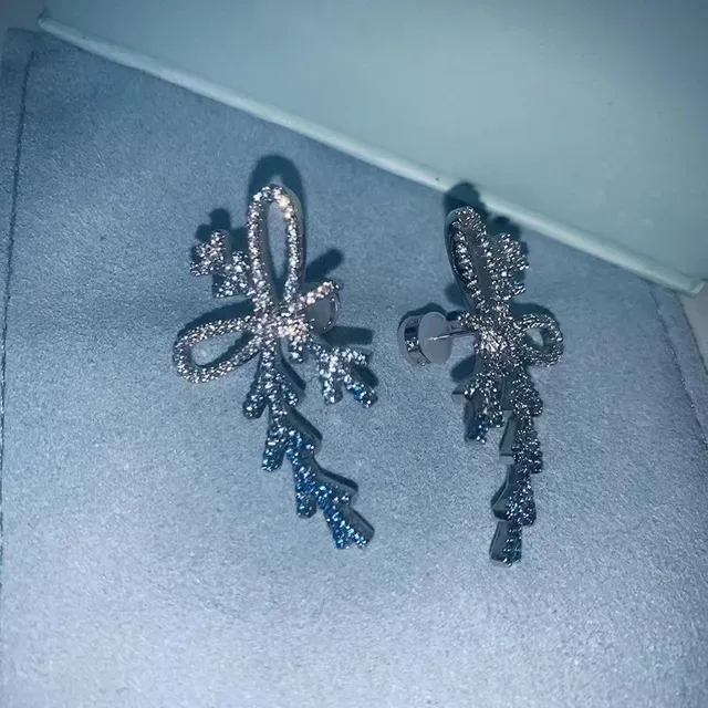 Crystal-Encrusted Bow and Branch Motif Drop Earrings 7