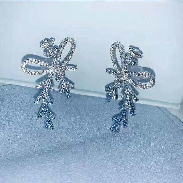 Crystal-Encrusted Bow and Branch Motif Drop Earrings 8