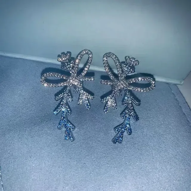 Crystal-Encrusted Bow and Branch Motif Drop Earrings 9