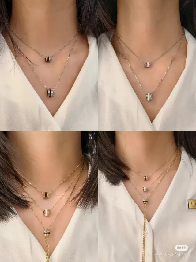 Cylindrical Multi-Band Enamel Pendant Chain Necklaces 6