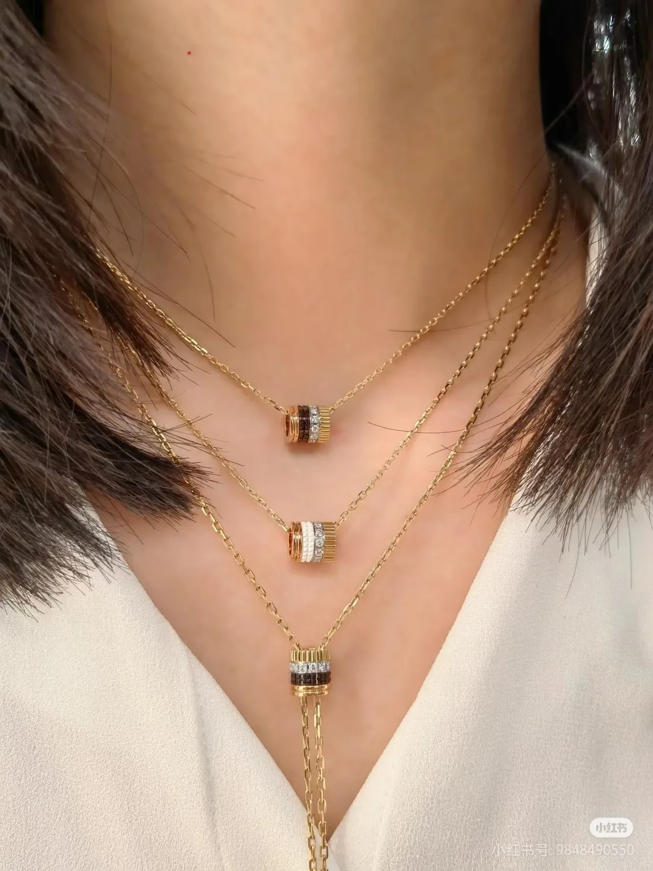 Cylindrical Multi-Band Enamel Pendant Chain Necklaces 7