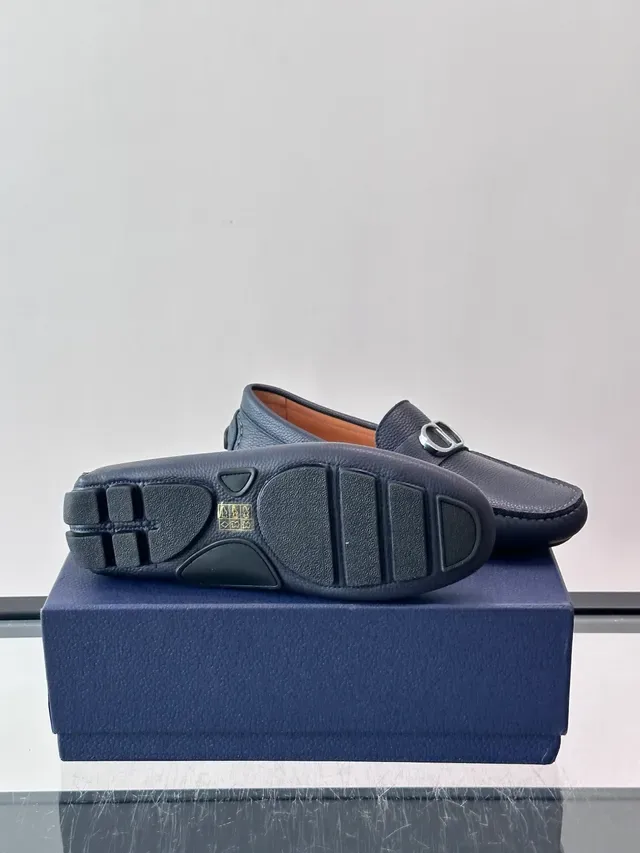 Dark Blue Pebbled Leather Bit Strap Loafers 2