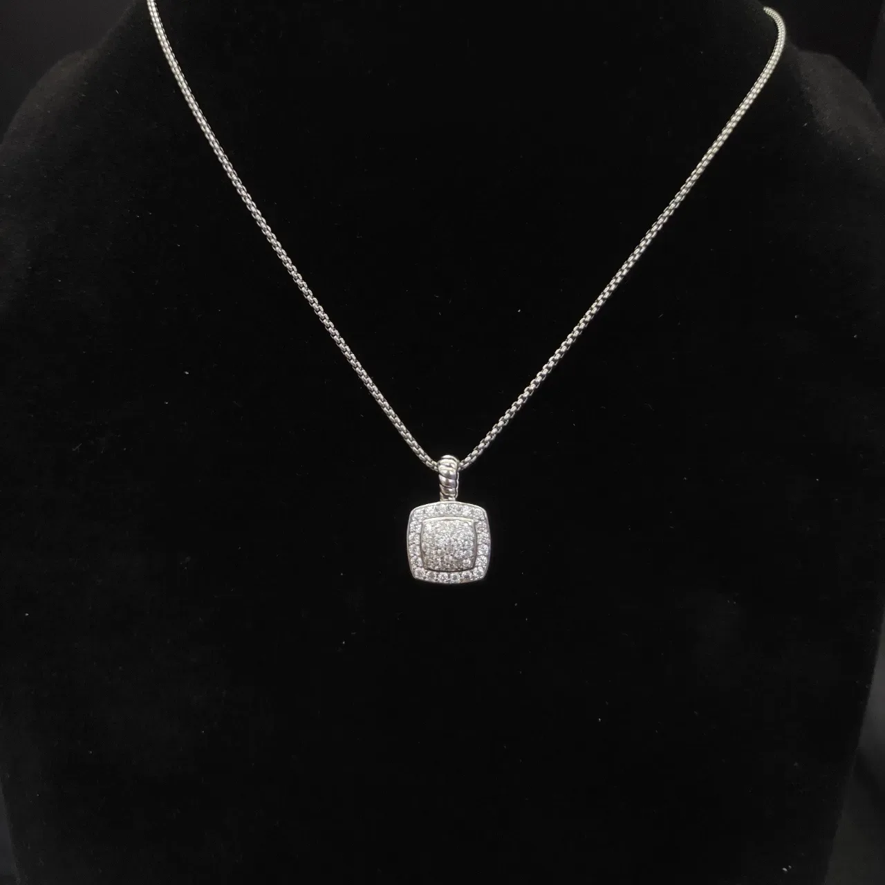 David Yurman Albion Silver Beige Pavé-Set Square Pendant Twisted Cable Bail Necklace 2