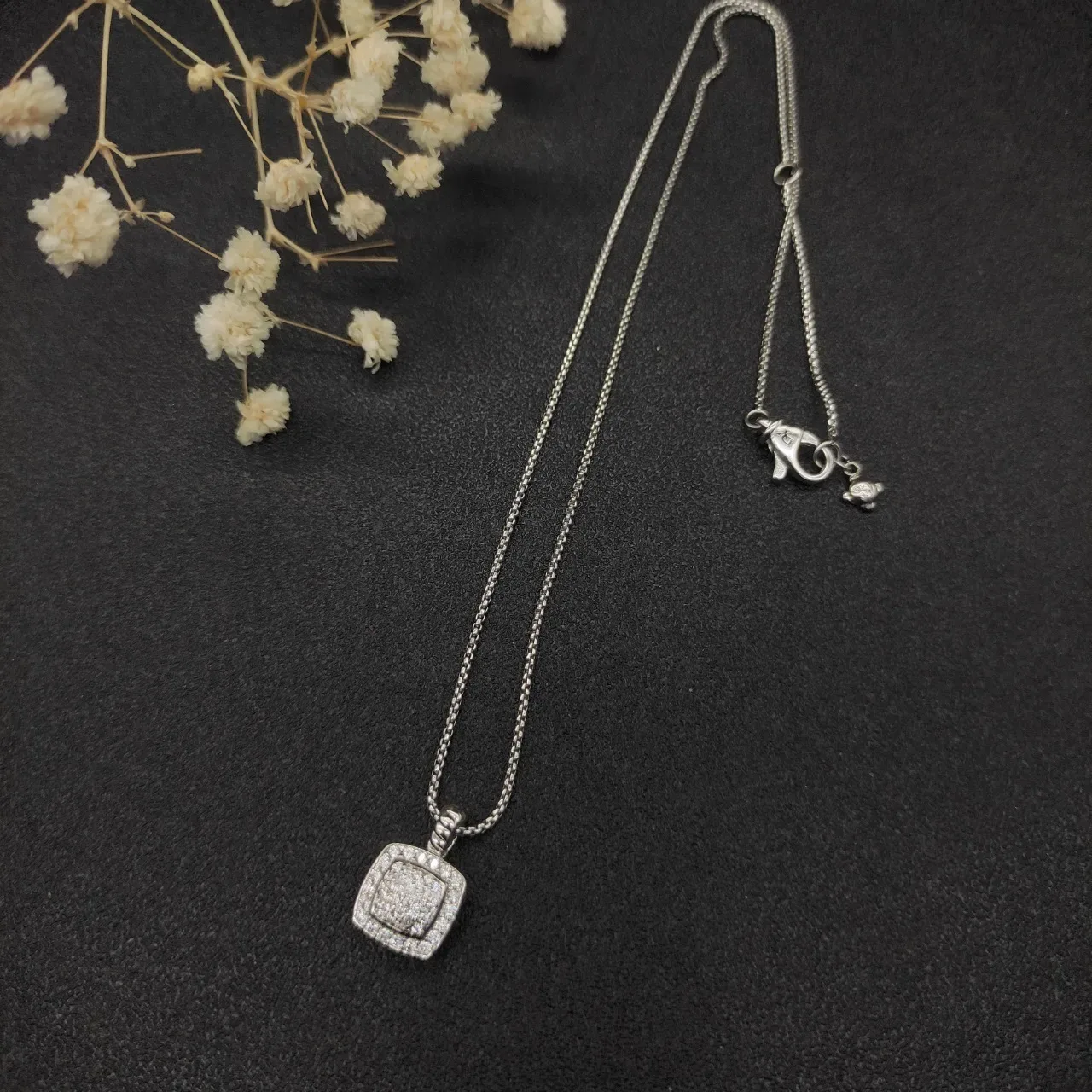 David Yurman Albion Silver Beige Pavé-Set Square Pendant Twisted Cable Bail Necklace 4