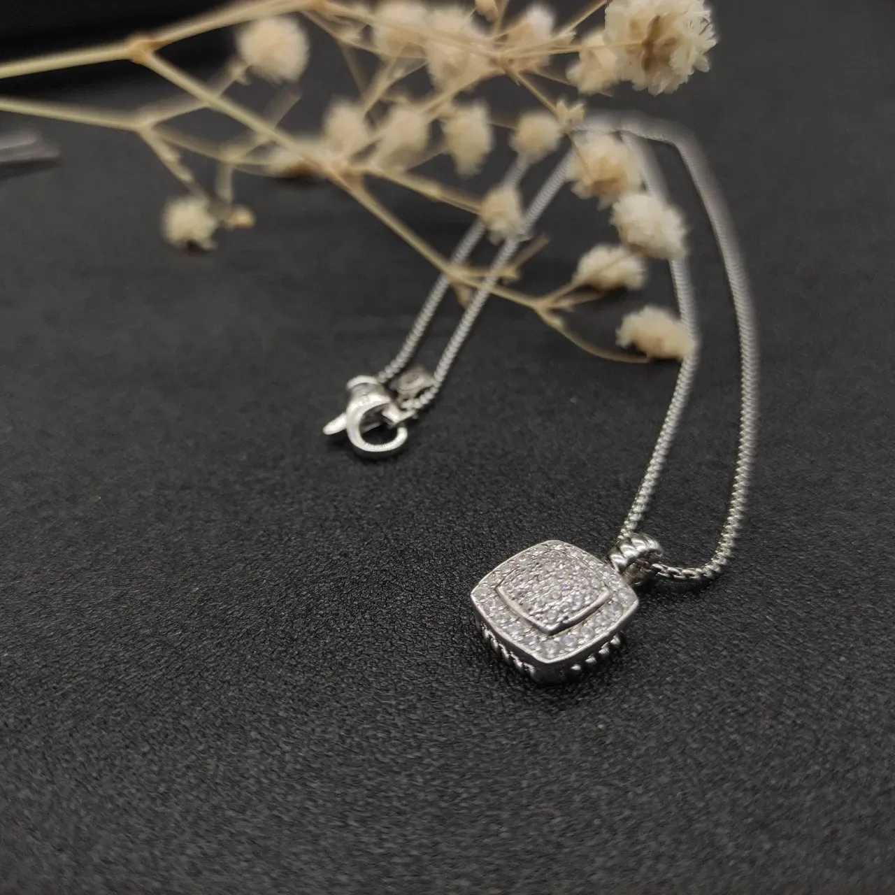 David Yurman Albion Silver Beige Pavé-Set Square Pendant Twisted Cable Bail Necklace 6