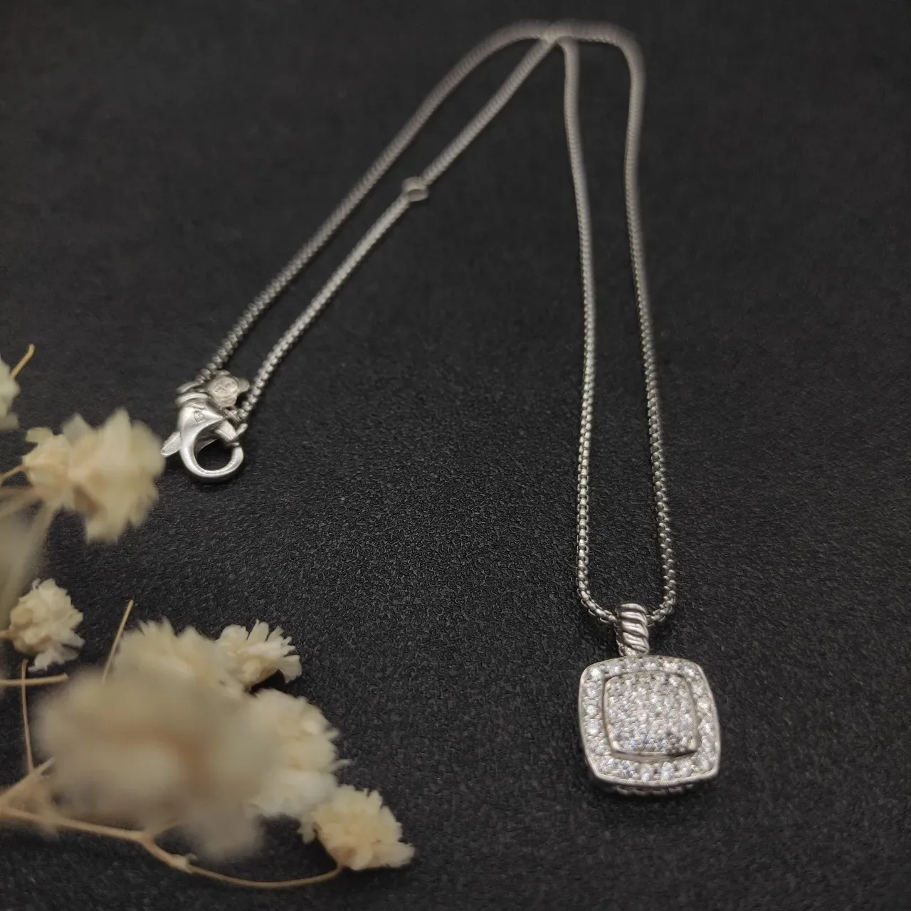 David Yurman Albion Silver Beige Pavé-Set Square Pendant Twisted Cable Bail Necklace 7