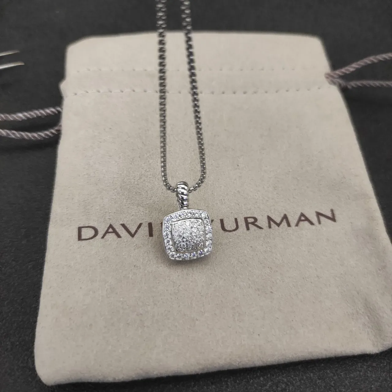 David Yurman Albion Silver Beige Pavé-Set Square Pendant Twisted Cable Bail Necklace 8