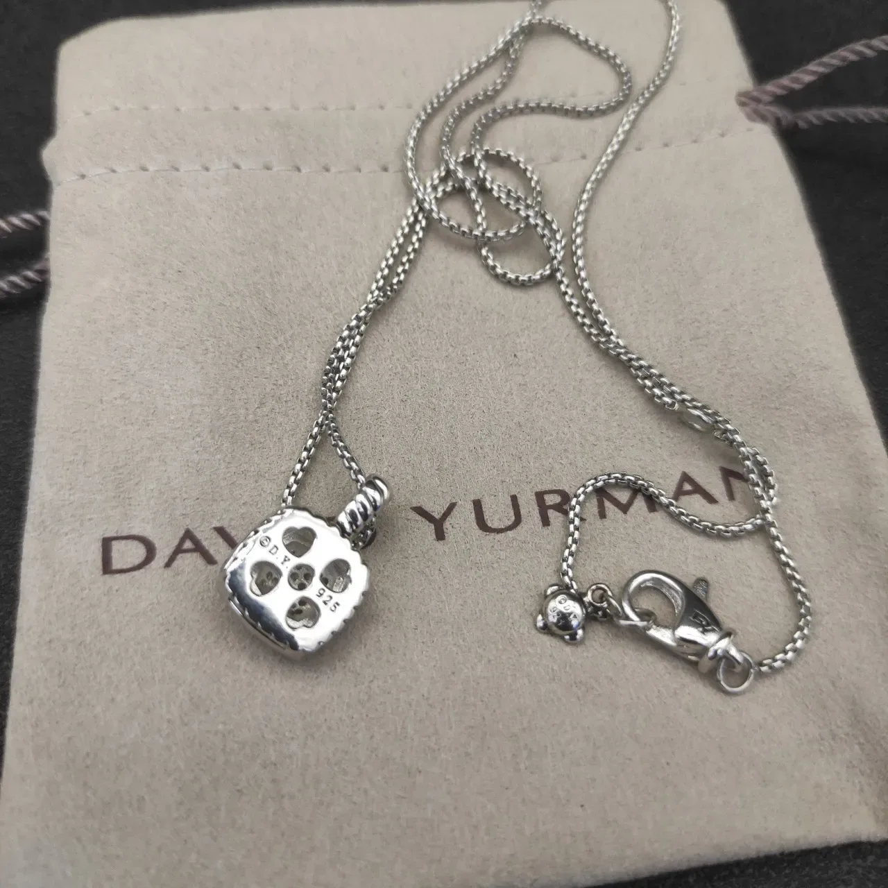 David Yurman Albion Silver Beige Pavé-Set Square Pendant Twisted Cable Bail Necklace 9
