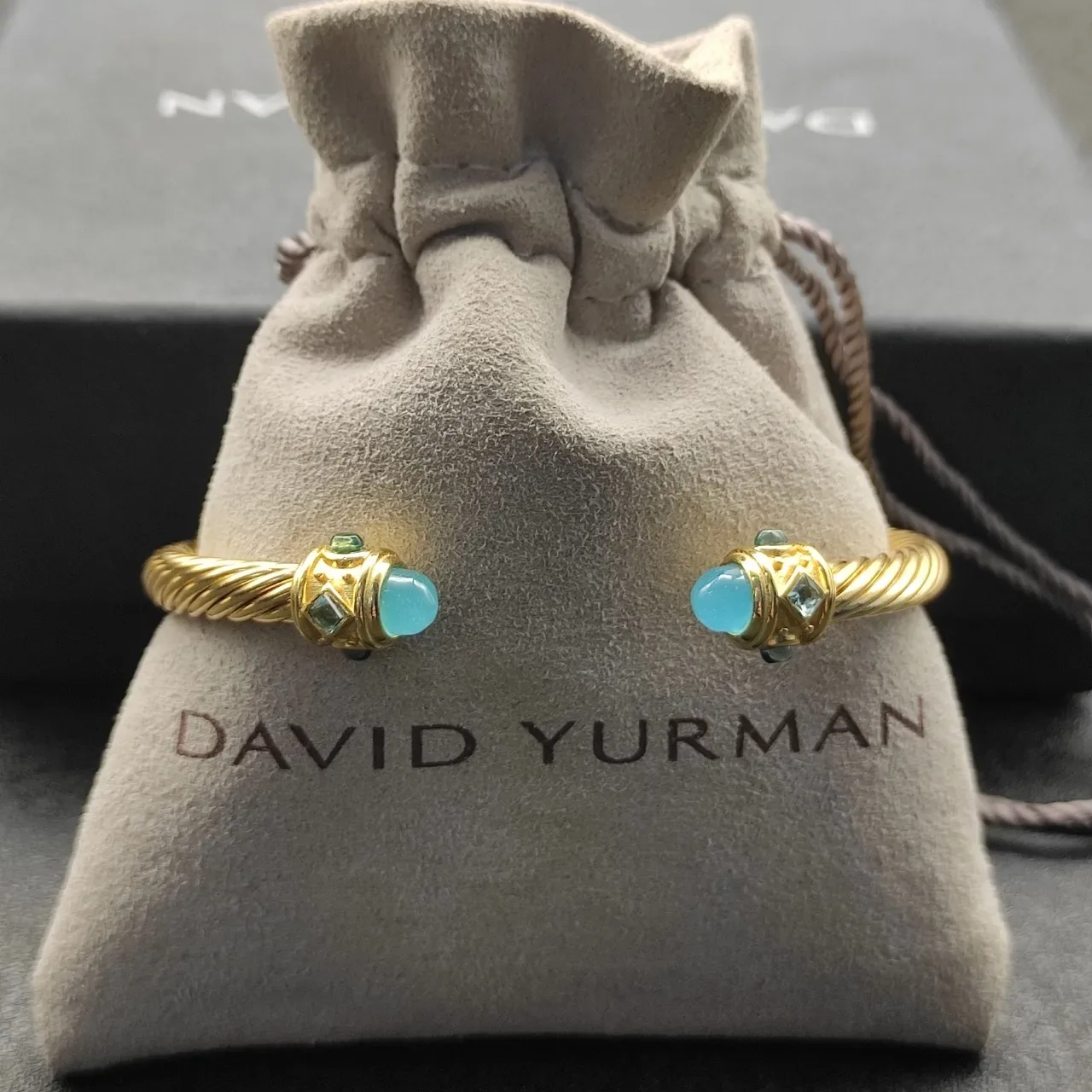 David Yurman Cable Classics Twisted Gold-Tone Aquamarine and Emerald Bracelet 2