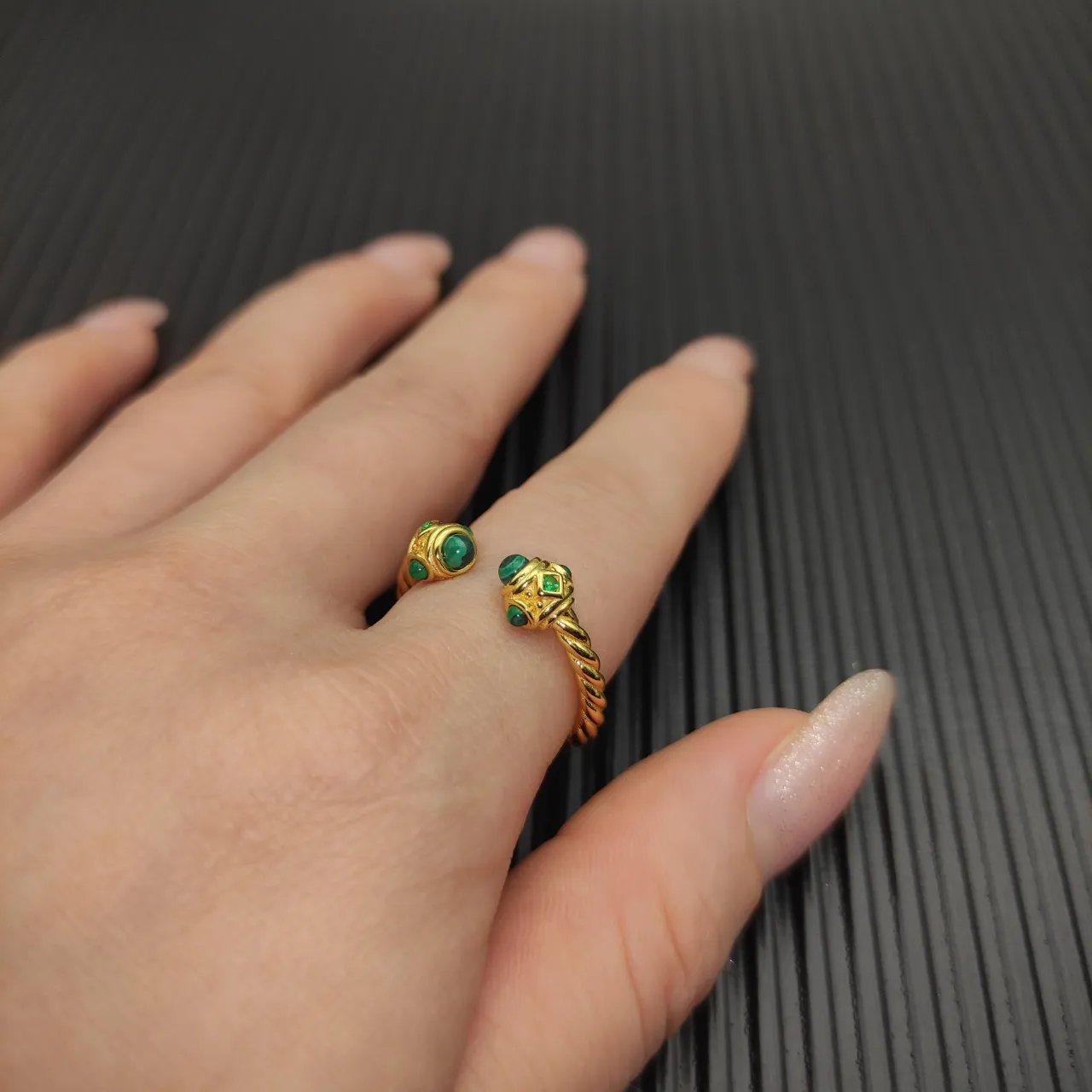 David Yurman Cable Collection Twisted Gold and Malachite Open Ring 7