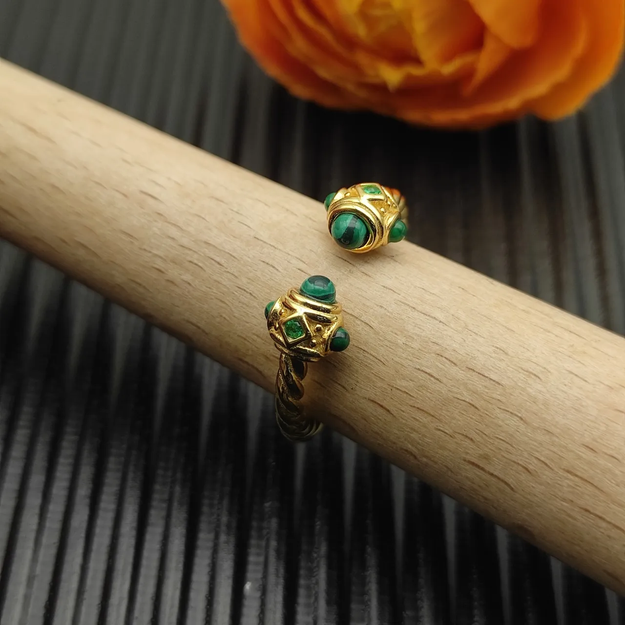 David Yurman Cable Collection Twisted Gold and Malachite Open Ring 8