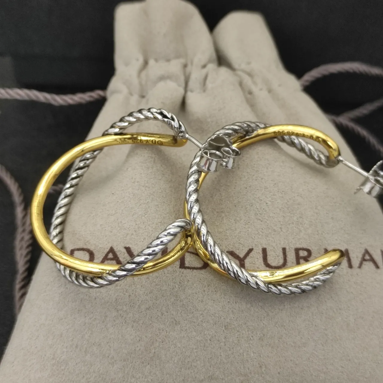 David Yurman Cable Silver Gold Twisted Double Hoop Earrings 2