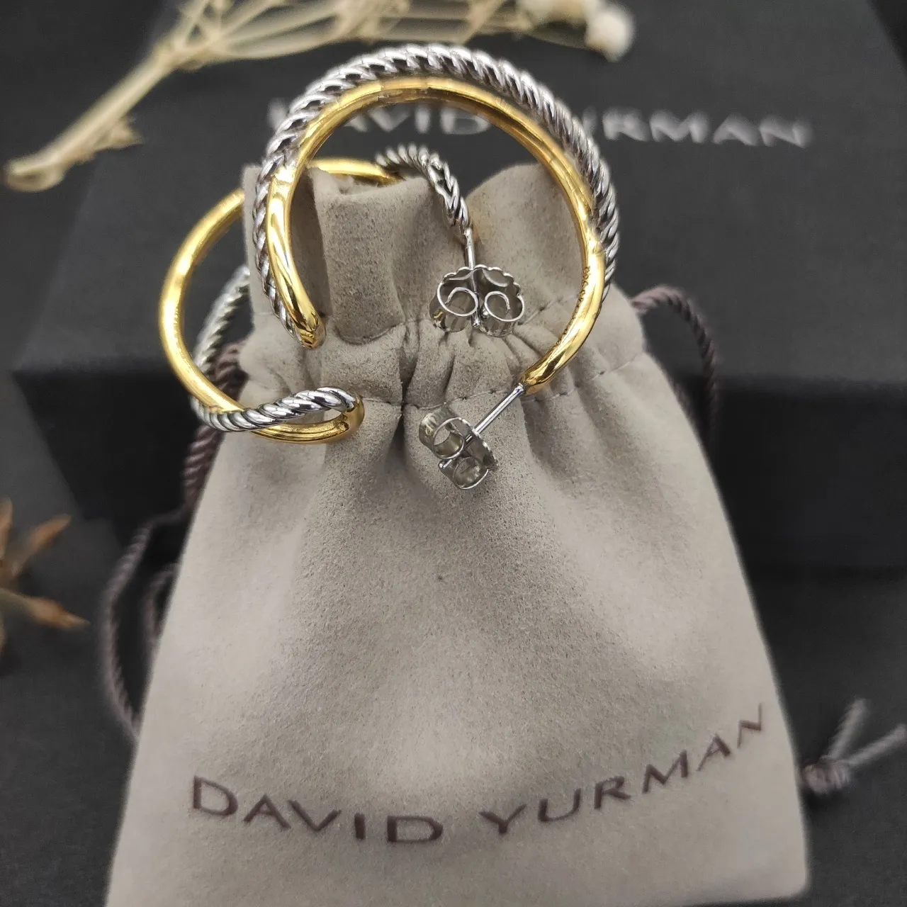 David Yurman Cable Silver Gold Twisted Double Hoop Earrings 3