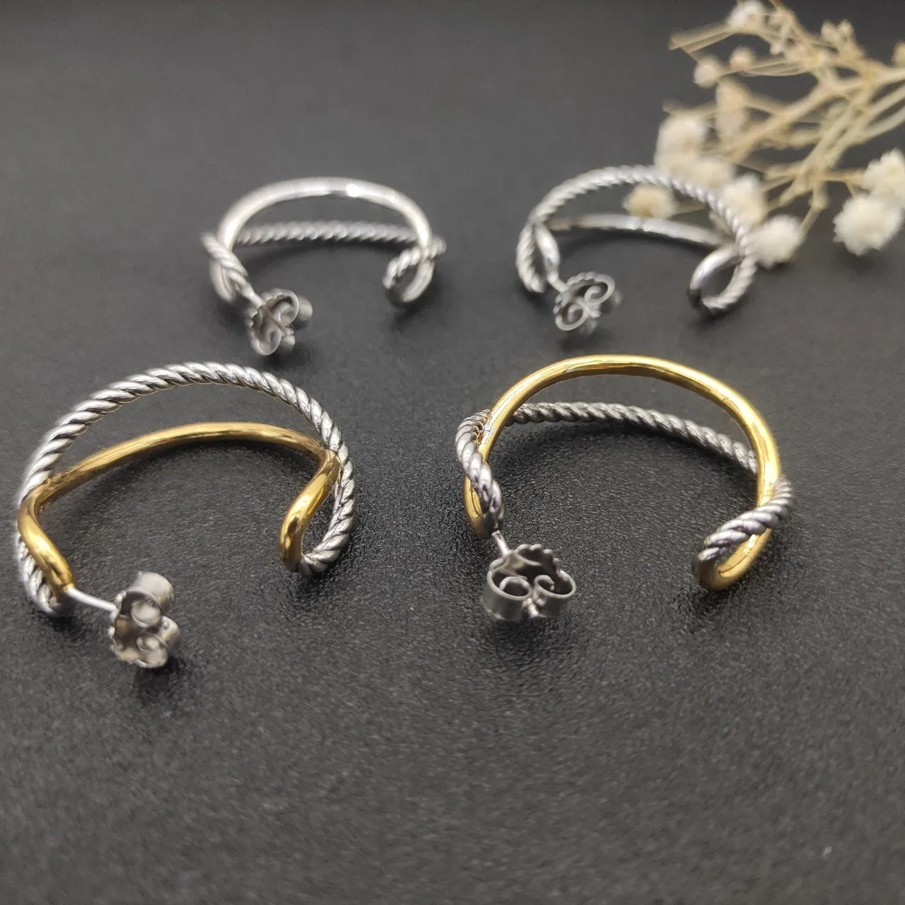 David Yurman Cable Silver Gold Twisted Double Hoop Earrings 6