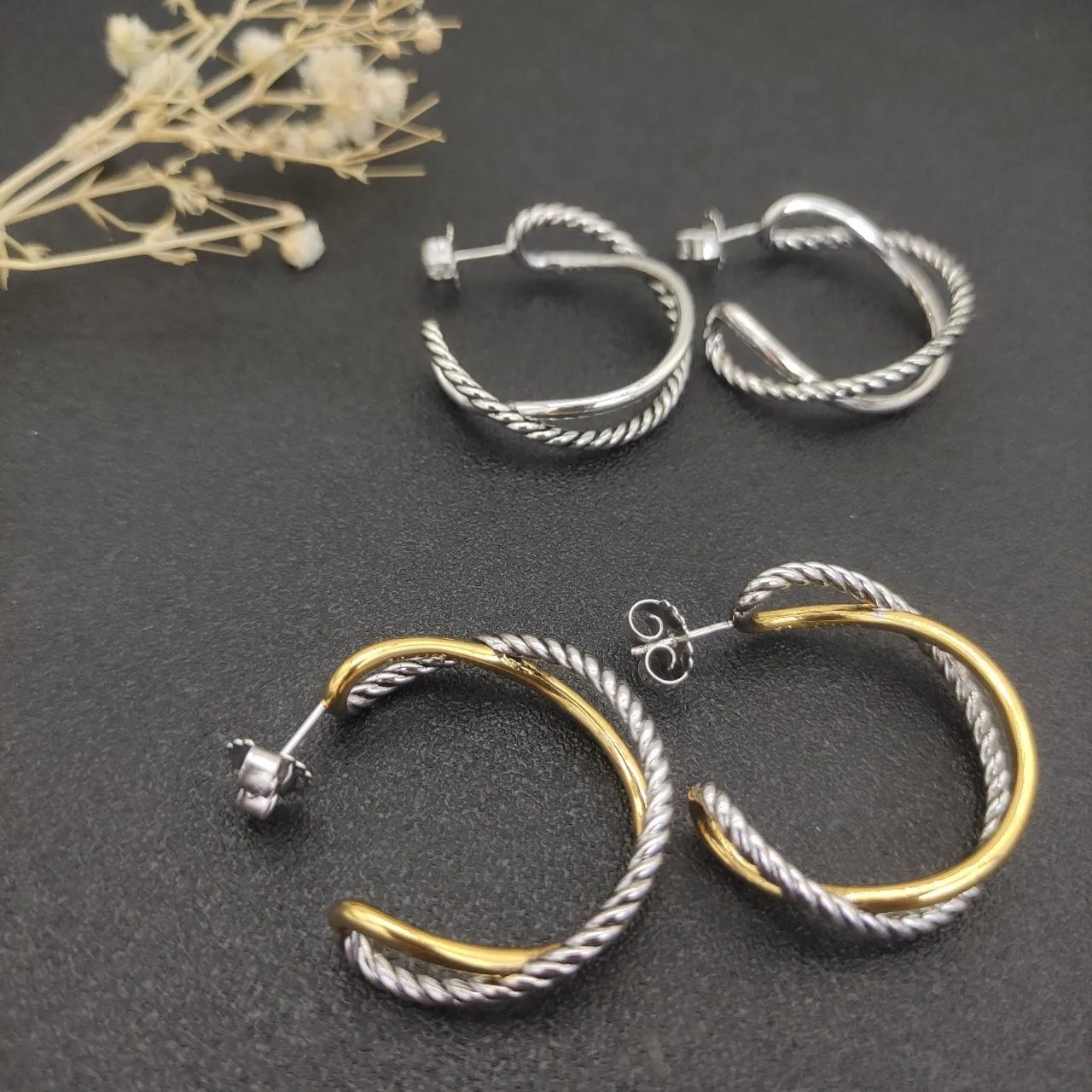 David Yurman Cable Silver Gold Twisted Double Hoop Earrings 7