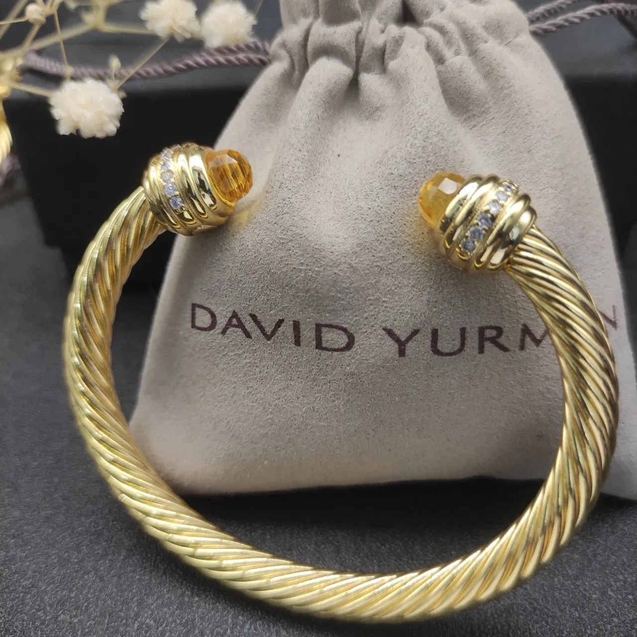 David Yurman Gold Beige Twisted Cable Gemstone-Terminal Bracelet 2