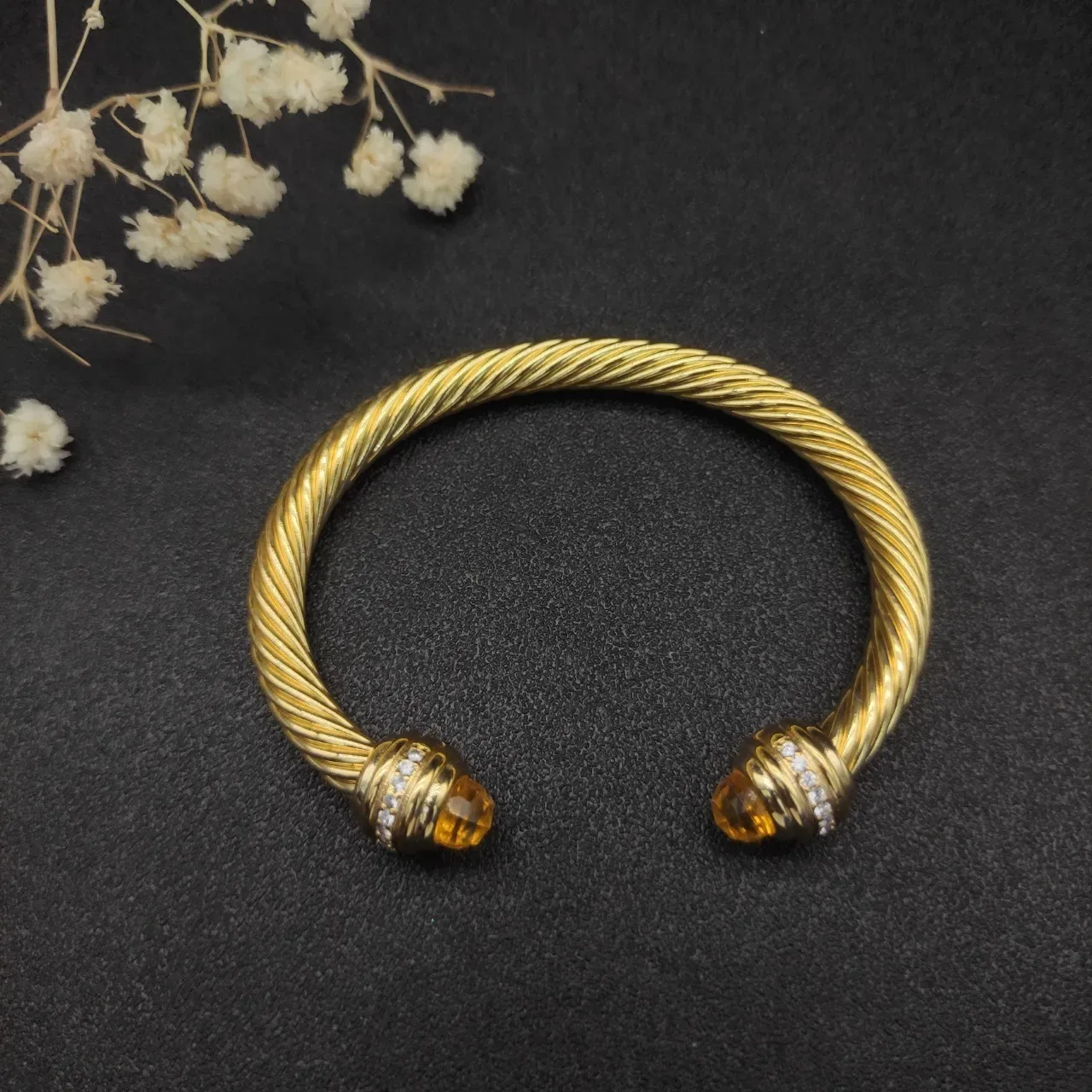 David Yurman Gold Beige Twisted Cable Gemstone-Terminal Bracelet 4