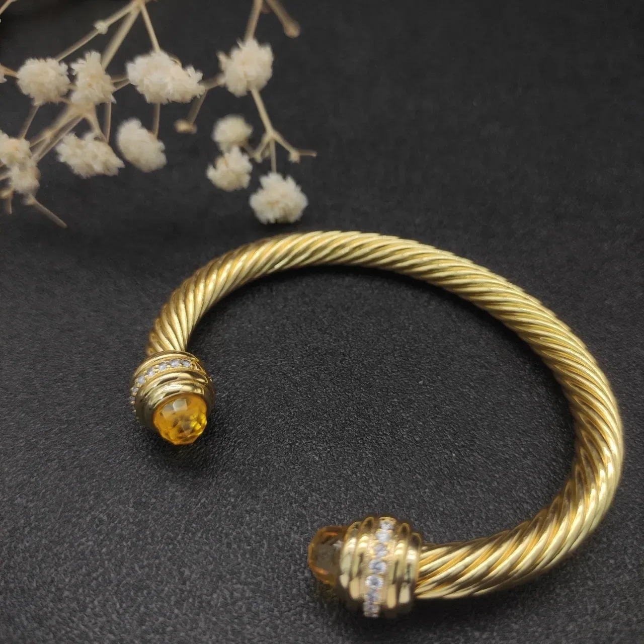 David Yurman Gold Beige Twisted Cable Gemstone-Terminal Bracelet 5